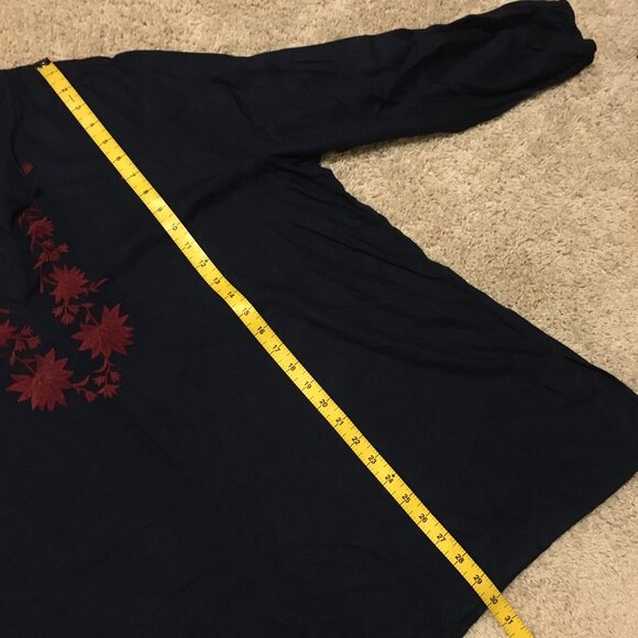 Dark Navy Blue Red Embroidered Peasant Sleeve Bohemian Tunic Shirt - Picture 14 of 15